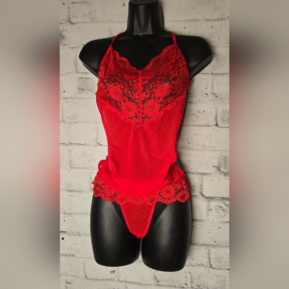 Dreamgirl Red Lace Sheer Teddy Bodysuit Set One Size NWOT